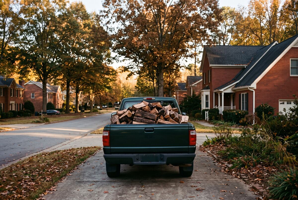 A pickup truck bed heaped with split seasoned firewood, parked in the driveway of a red-brick Marietta home under late-autumn hardwoods