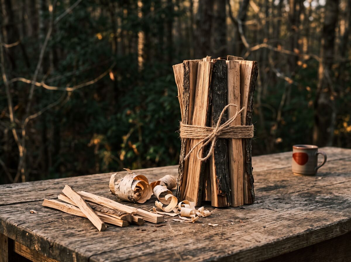 A bundle of dry split hardwood kindling tied with jute twine on a weathered outdoor table beside loose splits and bark curls