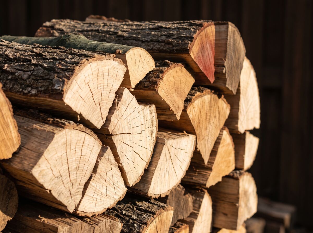 The stacked face of a rick of mixed hardwood firewood, showing varied bark and pale checked end grain in raking sunlight