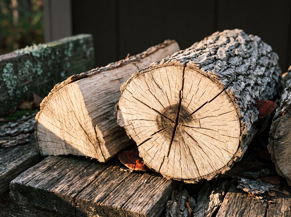 Close-up of split seasoned oak firewood with deep radial checking across the pale end grain and ridged gray bark
